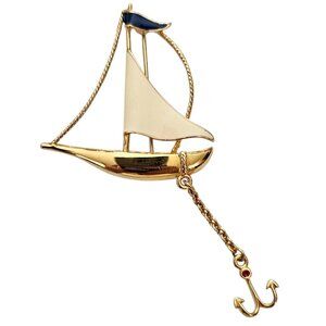 Fernando Originals Gold Tone Enamel Sail Boat Brooch Anchor Chain Dangle, L963